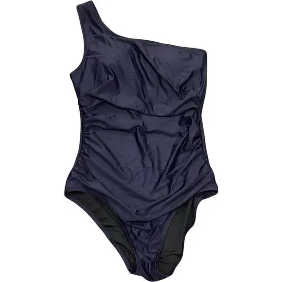 J. Crew Sz 12 Navy Blue Sleek Ruched One Shoulder Swimsuit One Piece Full Seat